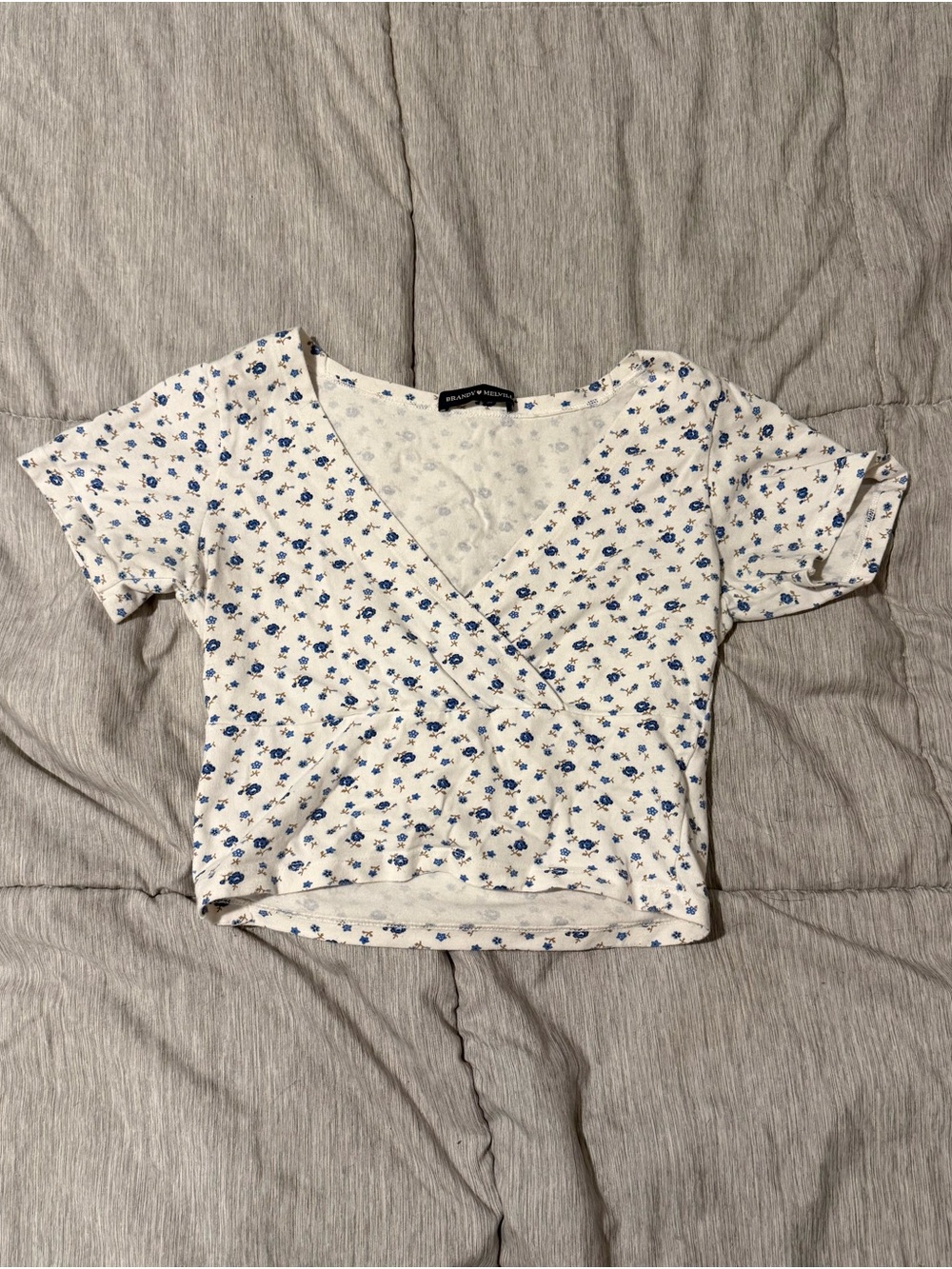 Brandy Melville White Floral Wrap Crop Top with Blue Accents